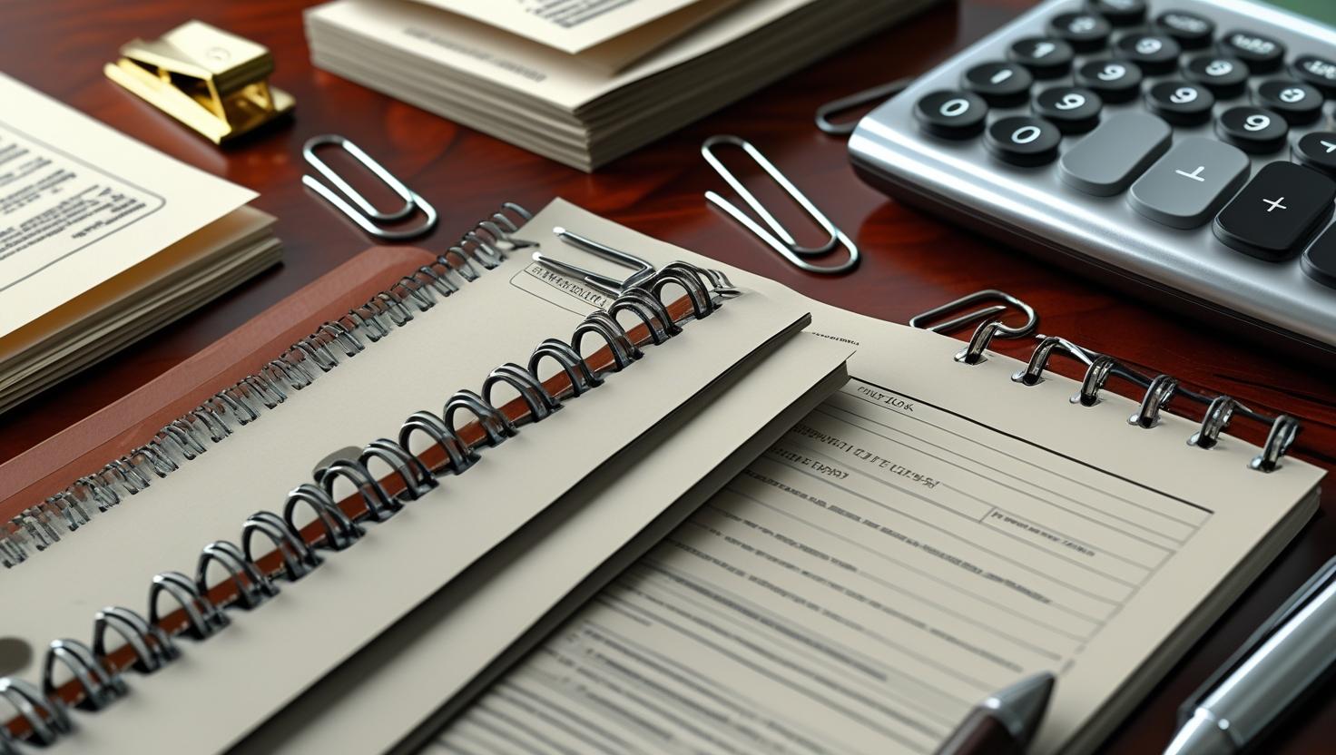trab mi slika koja na sredini notebook a sa strane kalkulator, pravne dokumente spajalice, uglavnom uredski materijal na slici